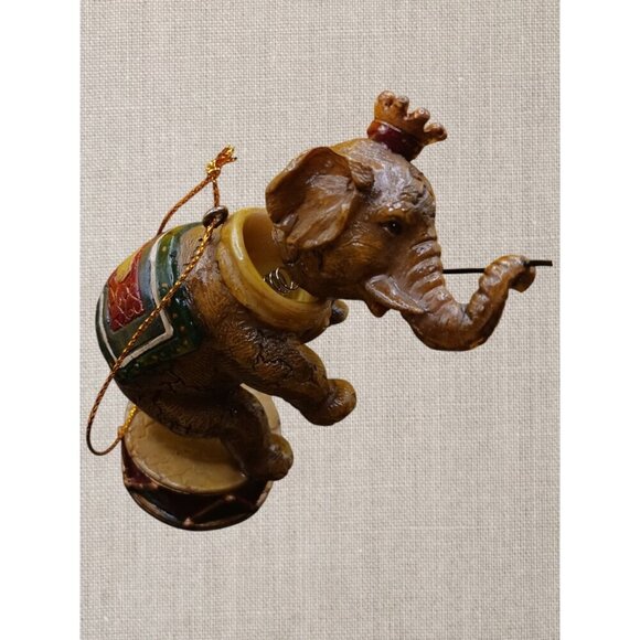 Vintage Circus Elephant Ornament Figurine Hanging Decoration With Drum & Crown - Picture 3 of 8